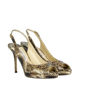 JIMMY CHOO Women's Snakeskin-Effect Peep-Toe Platform Heels 36.5 Brown/Gold